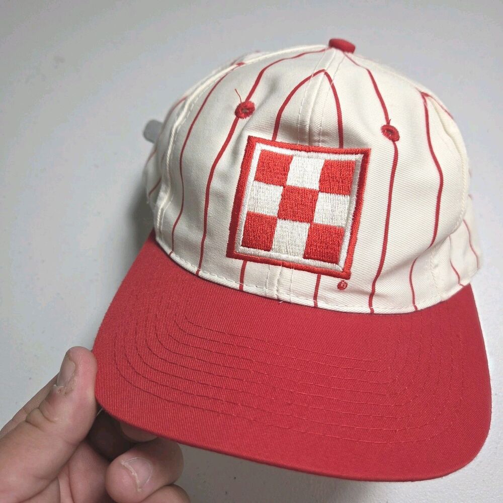 Vintage Purina Mills Hat Leather Strapback Red White Pinstripe Checkerboard Cap
